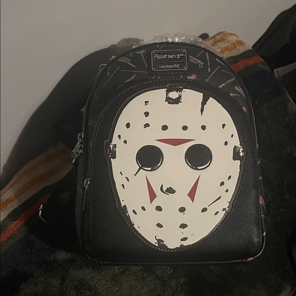Loungefly Black Jason Mask Mini Backpack with Red Accent